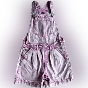 Gap girls pink stone washed denim overall shorts